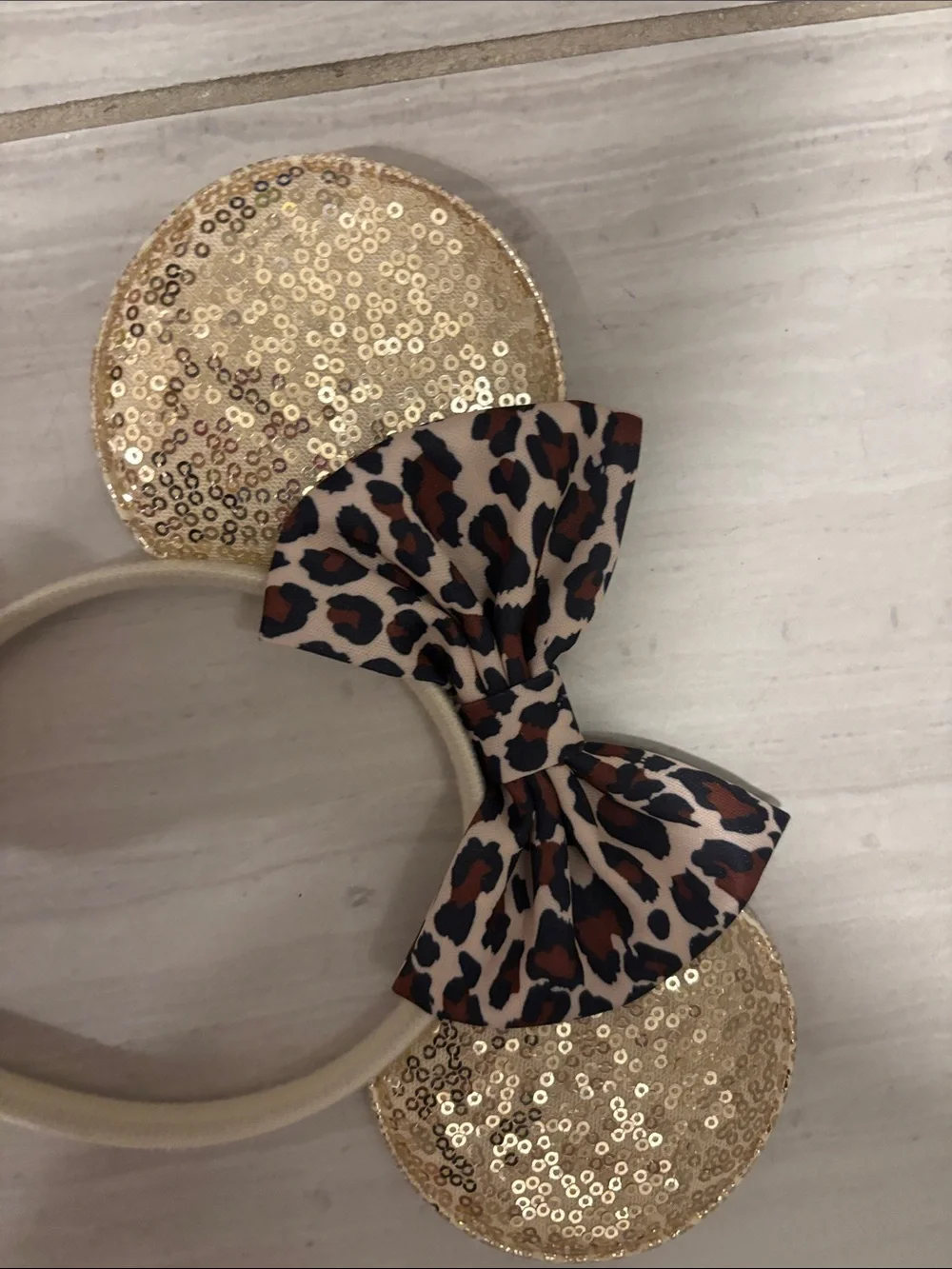 Gold Sequin Minnie Ears Headband with Leopard Bow - Kids Accessories